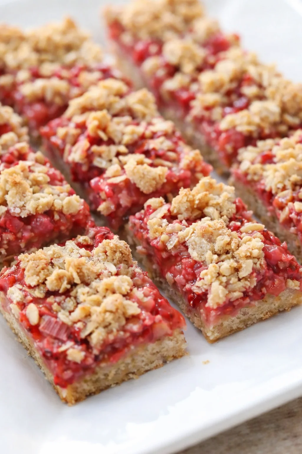 Close-up of strawberry crumble bars arranged on a white plate, showing ruby filling and crumbly topping.