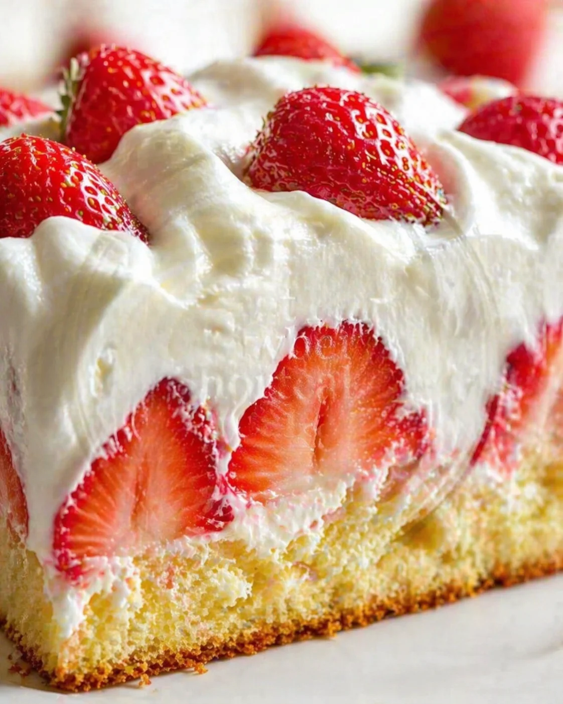 Close-up of a strawberry shortcake with whipped cream and fresh strawberries on sponge cake.