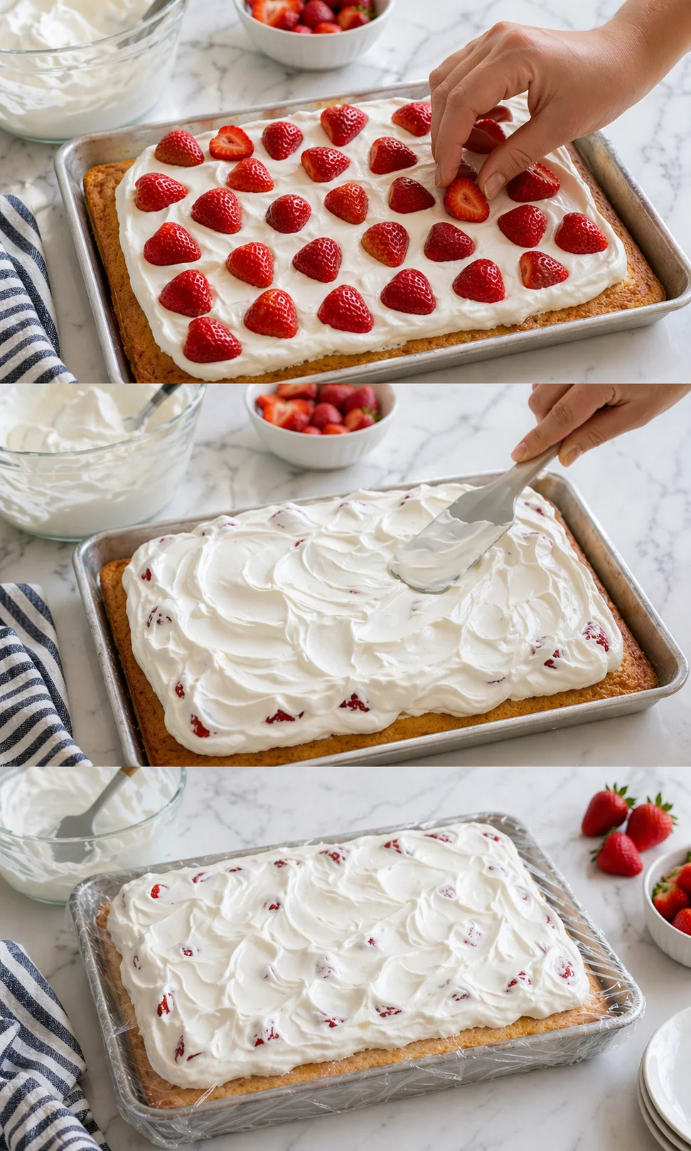 Rectangle sheet cake in a metal pan topped with white frosting and strawberries on a marble countertop.