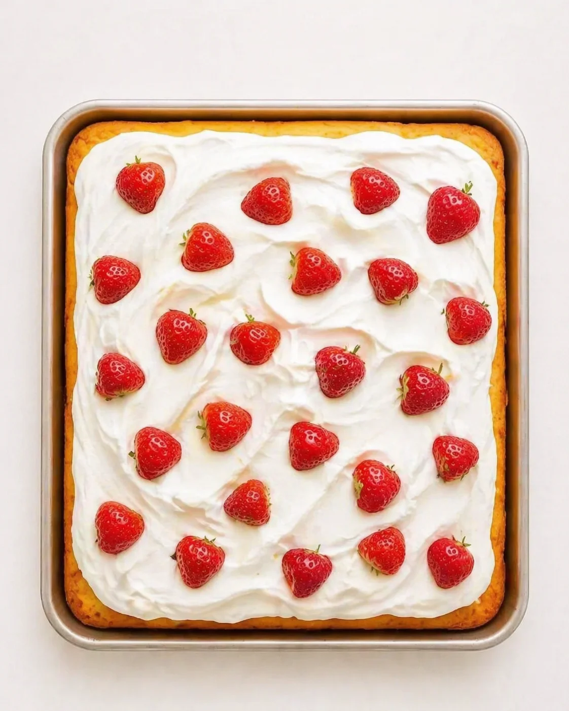 Rectangular cake with white frosting and fresh strawberries in a metal baking pan