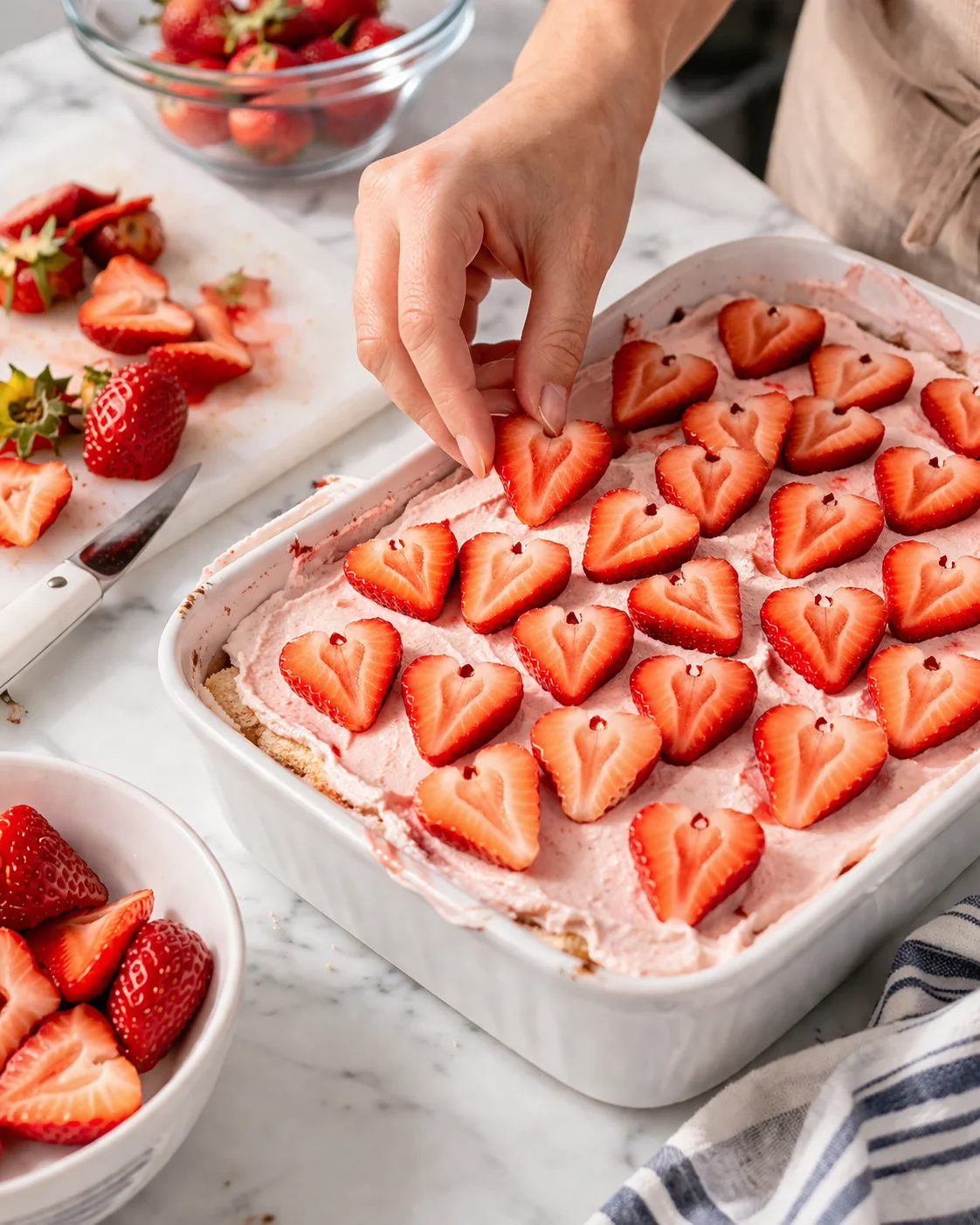 Close-up of a hand placing strawberry heart shapes on pink strawberry dessert in a white baking dish.