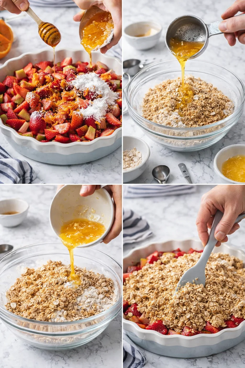Four-panel collage showing fruit crumble prep with strawberry and kiwi, oats topping, and buttered mixture.
