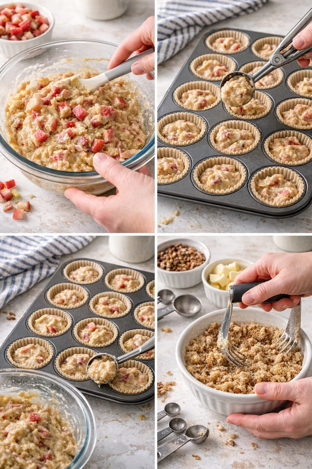 Collage showing batter with strawberries, filling muffin cups, and preparing crumb topping.