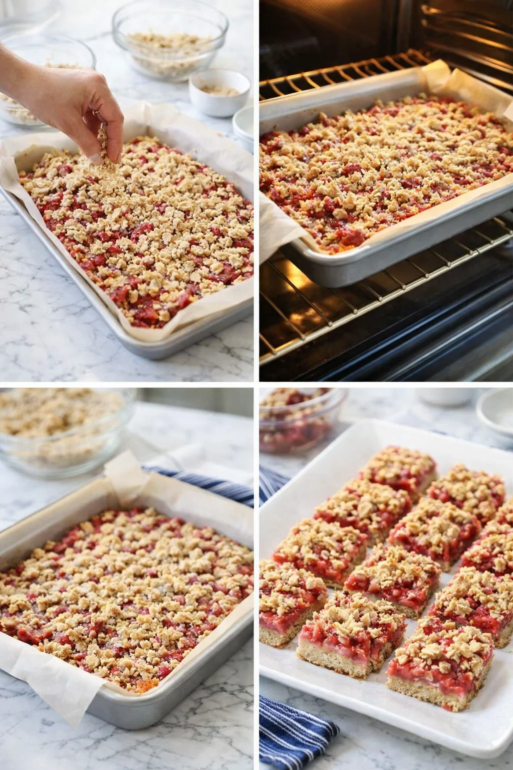 collage showing strawberry-raspberry crumble bars during prep, baking, and finished slices