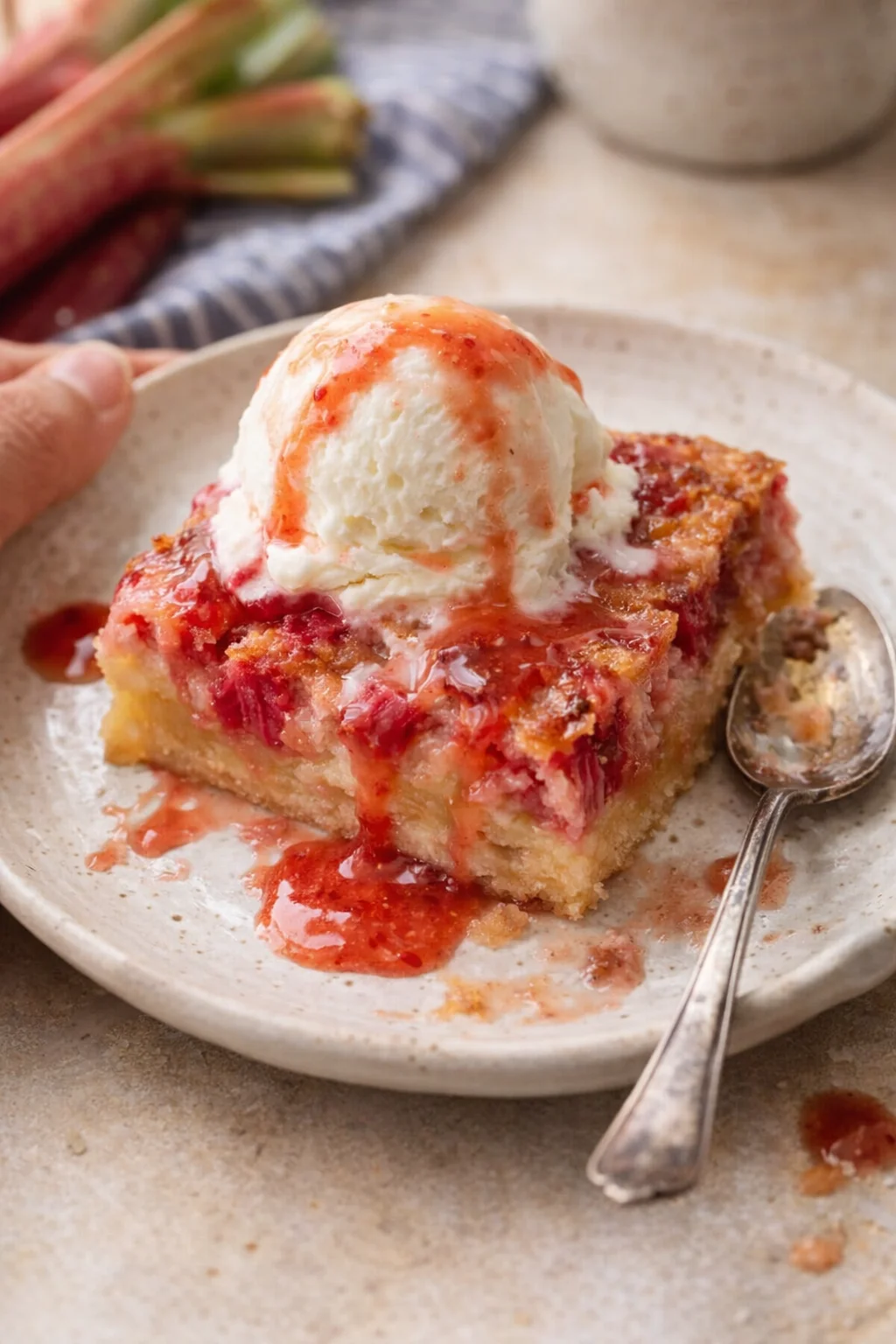 Slice of berry-filled cake topped with vanilla ice cream and strawberry sauce on a speckled plate