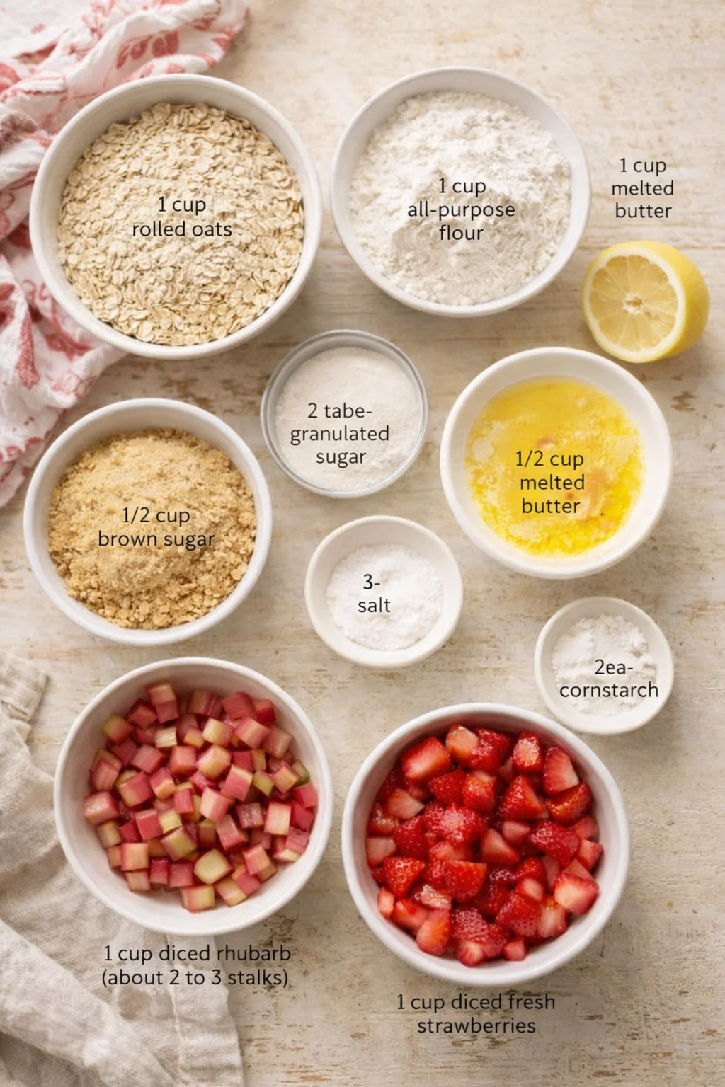 Overhead view of bowls with oats, flour, sugars, butter, salt, cornstarch, rhubarb, and strawberries.
