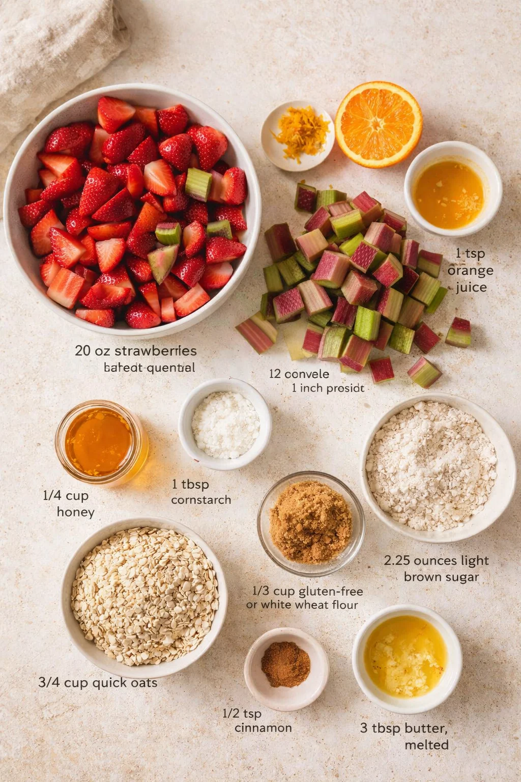 Overhead shot of strawberries, rhubarb, orange, oats, and baking ingredients arranged on a light countertop.