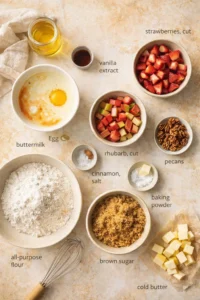 Top-down view of labeled baking ingredients including strawberries, rhubarb, flour, and butter.