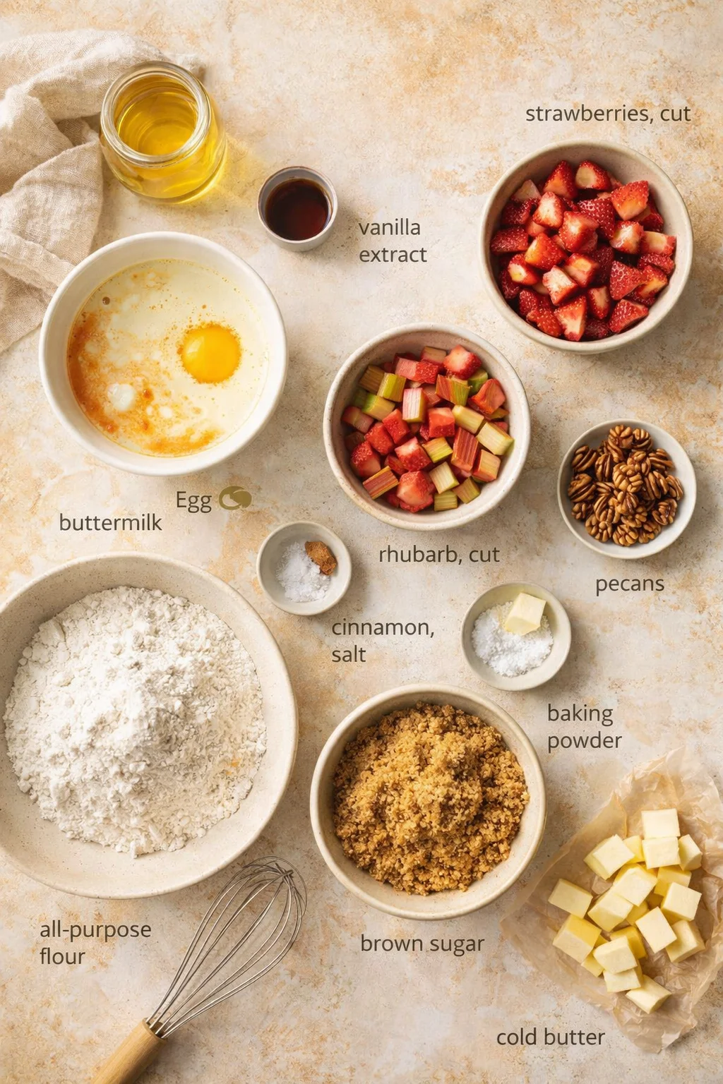 Top-down view of labeled baking ingredients including strawberries, rhubarb, flour, and butter.