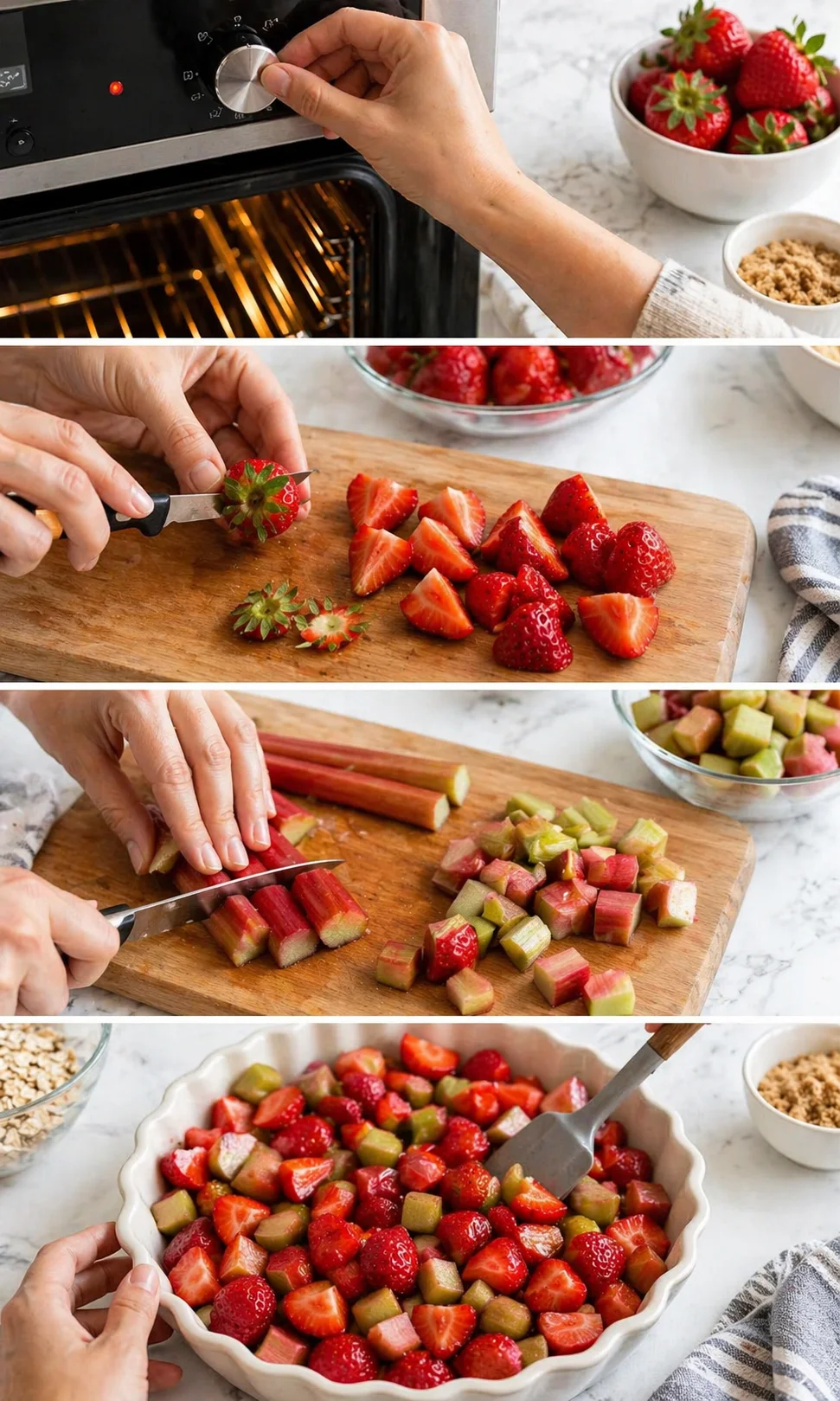 Hands prep strawberries and rhubarb on cutting board with bowls of fruit nearby.