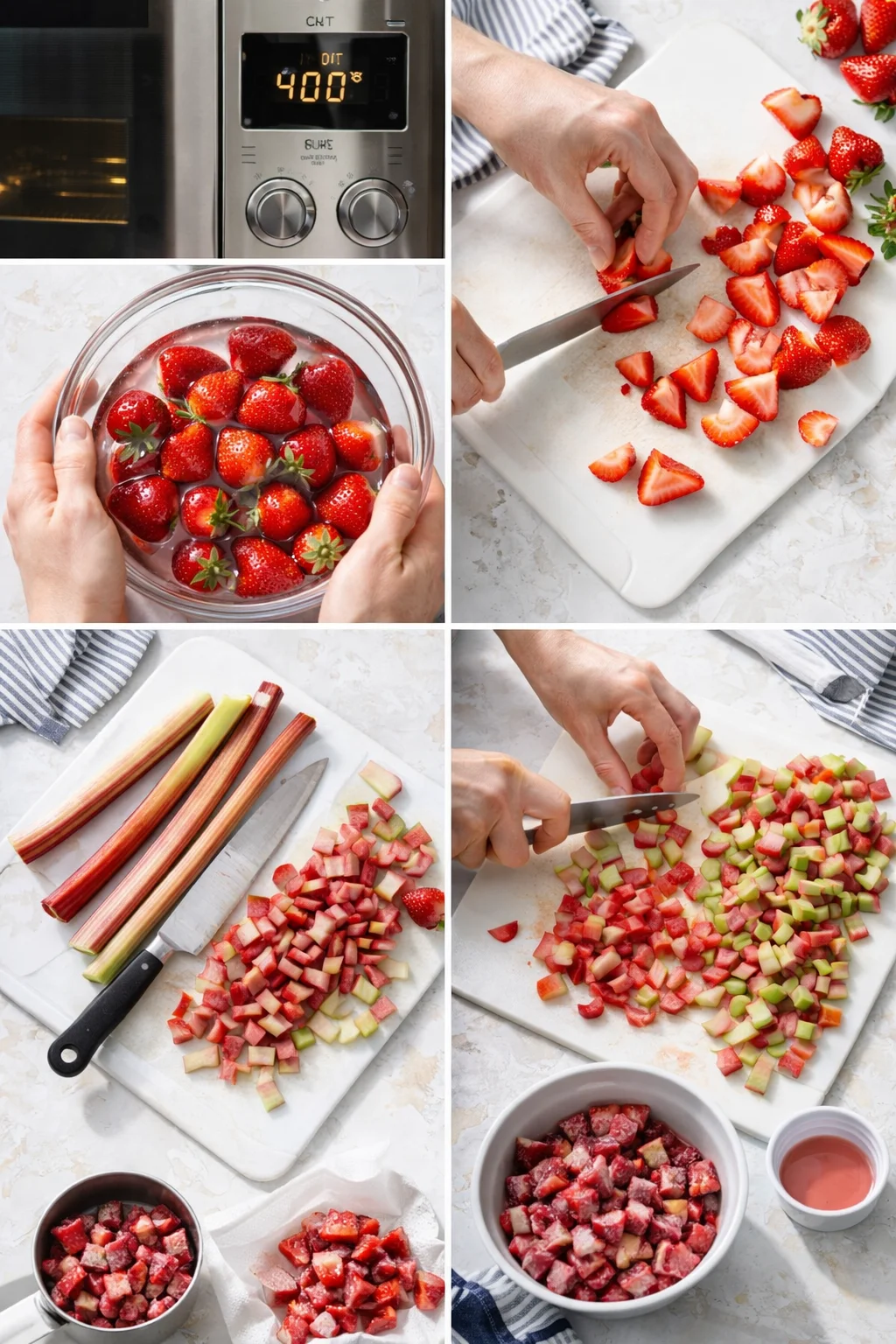 collage of hands cutting strawberries and dicing rhubarb on white boards in a bright kitchen