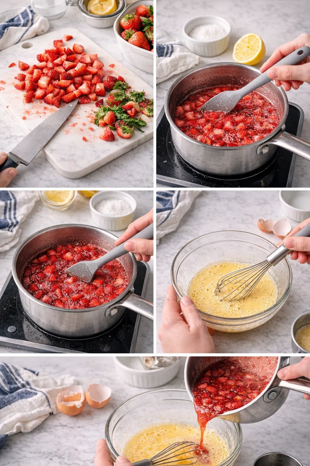 collage of strawberry preparation steps: dicing berries, simmering sauce, and whisking eggs