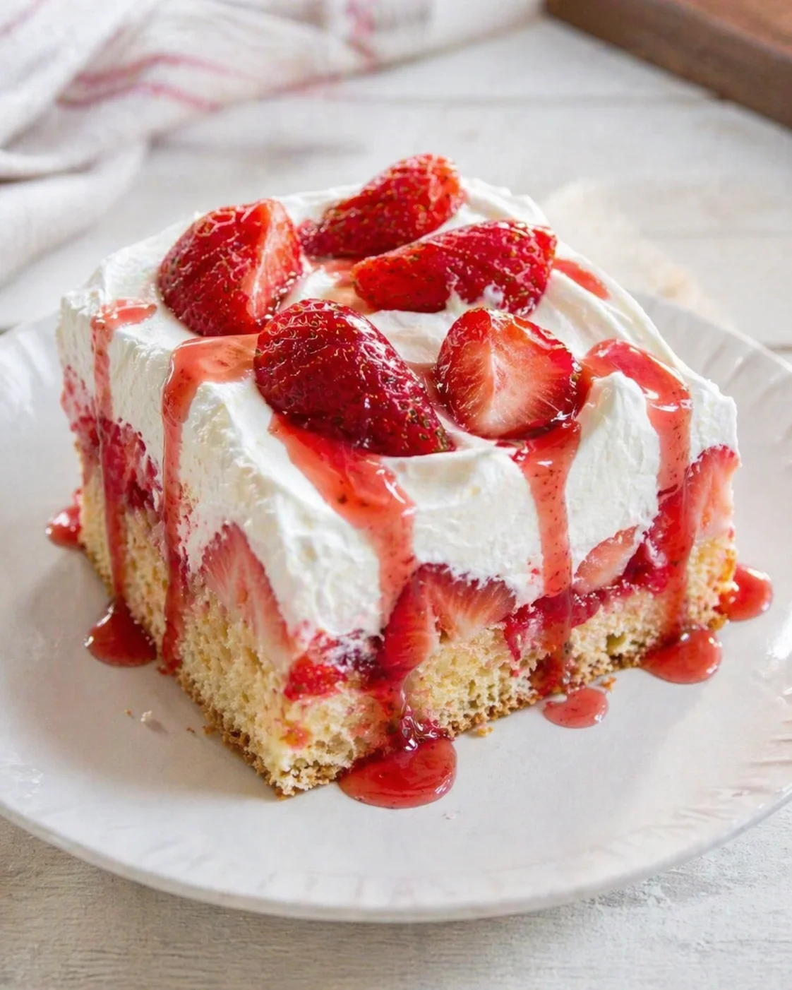 Square strawberry shortcake topped with whipped cream and fresh strawberries on a plate.