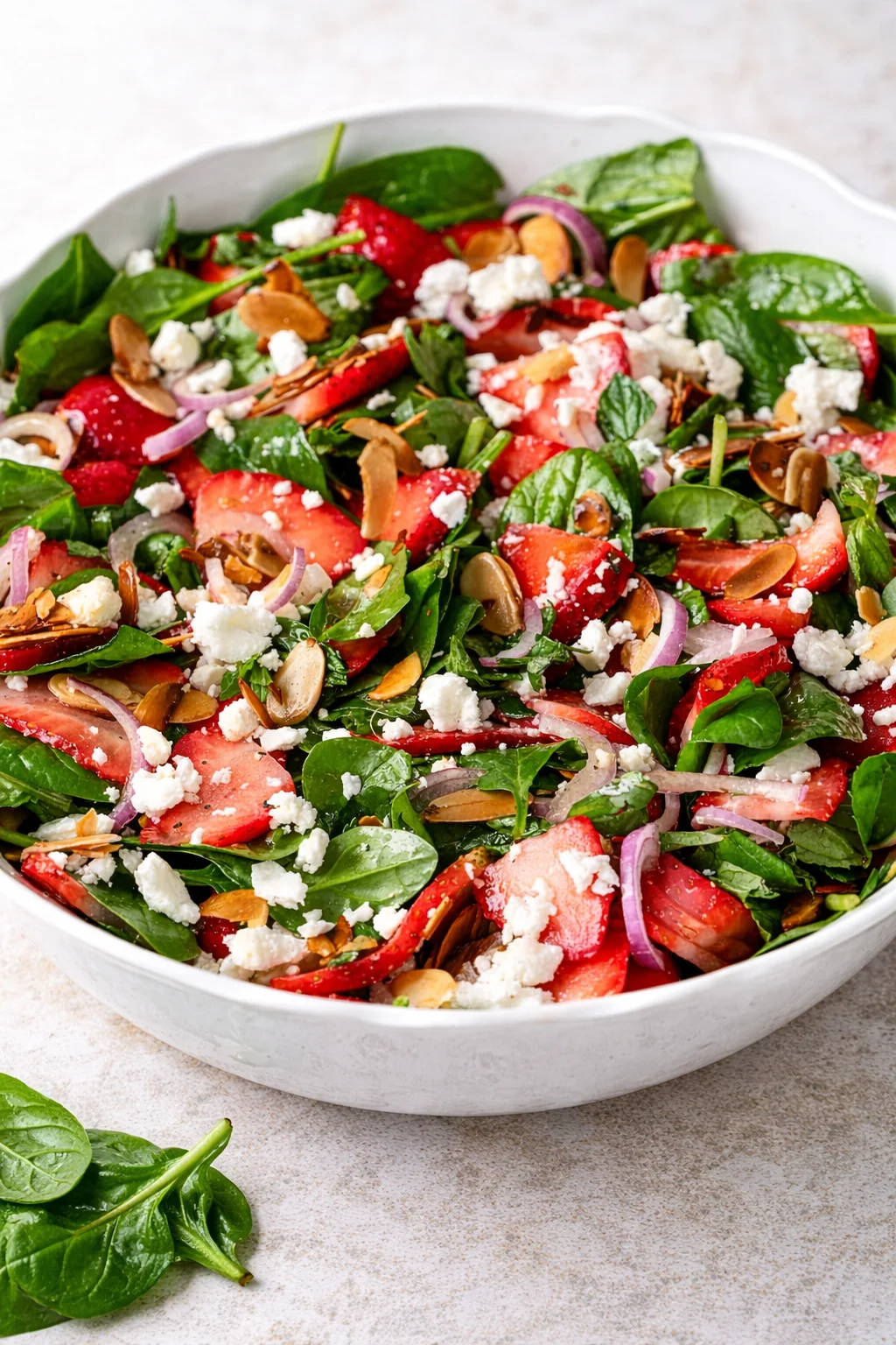A white bowl filled with strawberry spinach salad topped with feta, red onion, and almond slices.