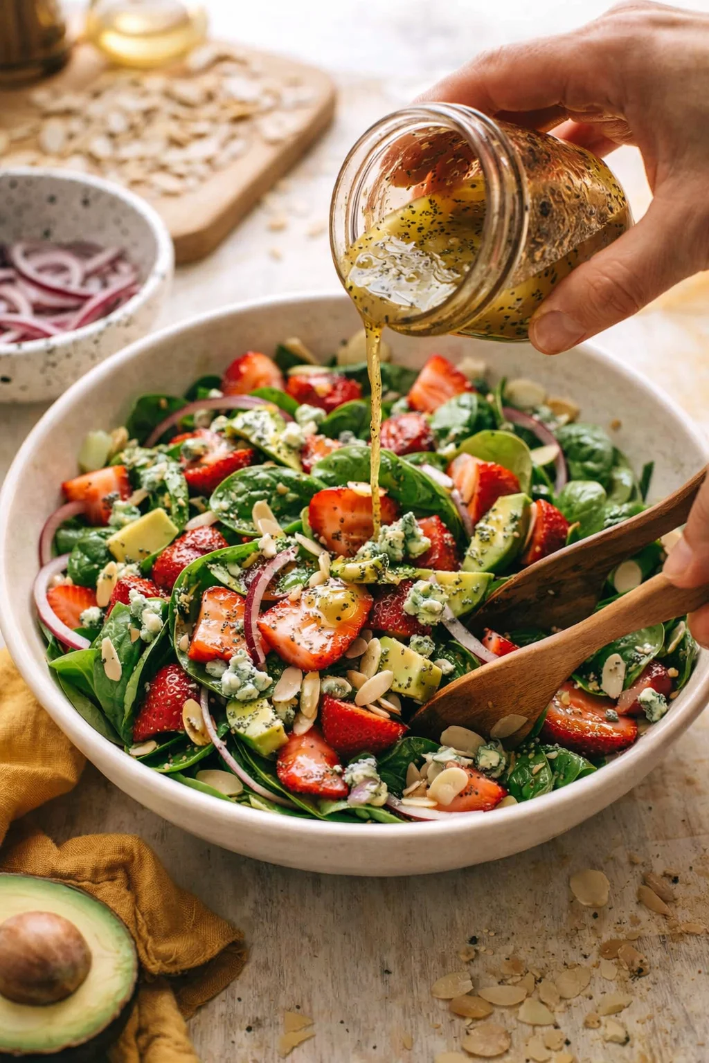 A bowl of spinach and strawberry salad being dressed with herb vinaigrette from a glass jar.