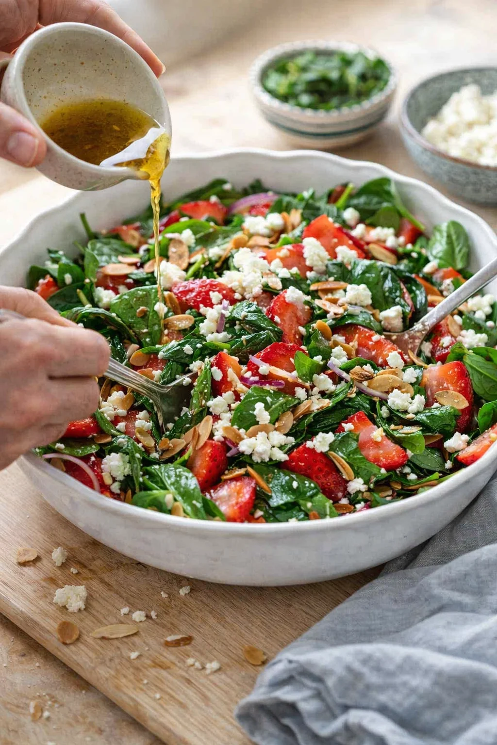 A strawberry-spinach salad in a white bowl is being dressed with vinaigrette.