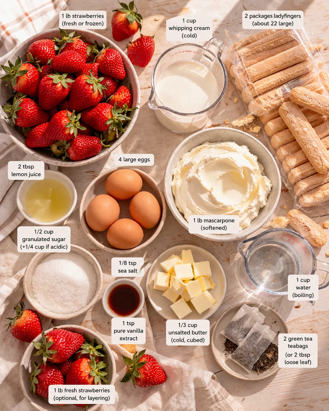 Overhead view of strawberry ingredients and baking supplies laid out on a wooden table.