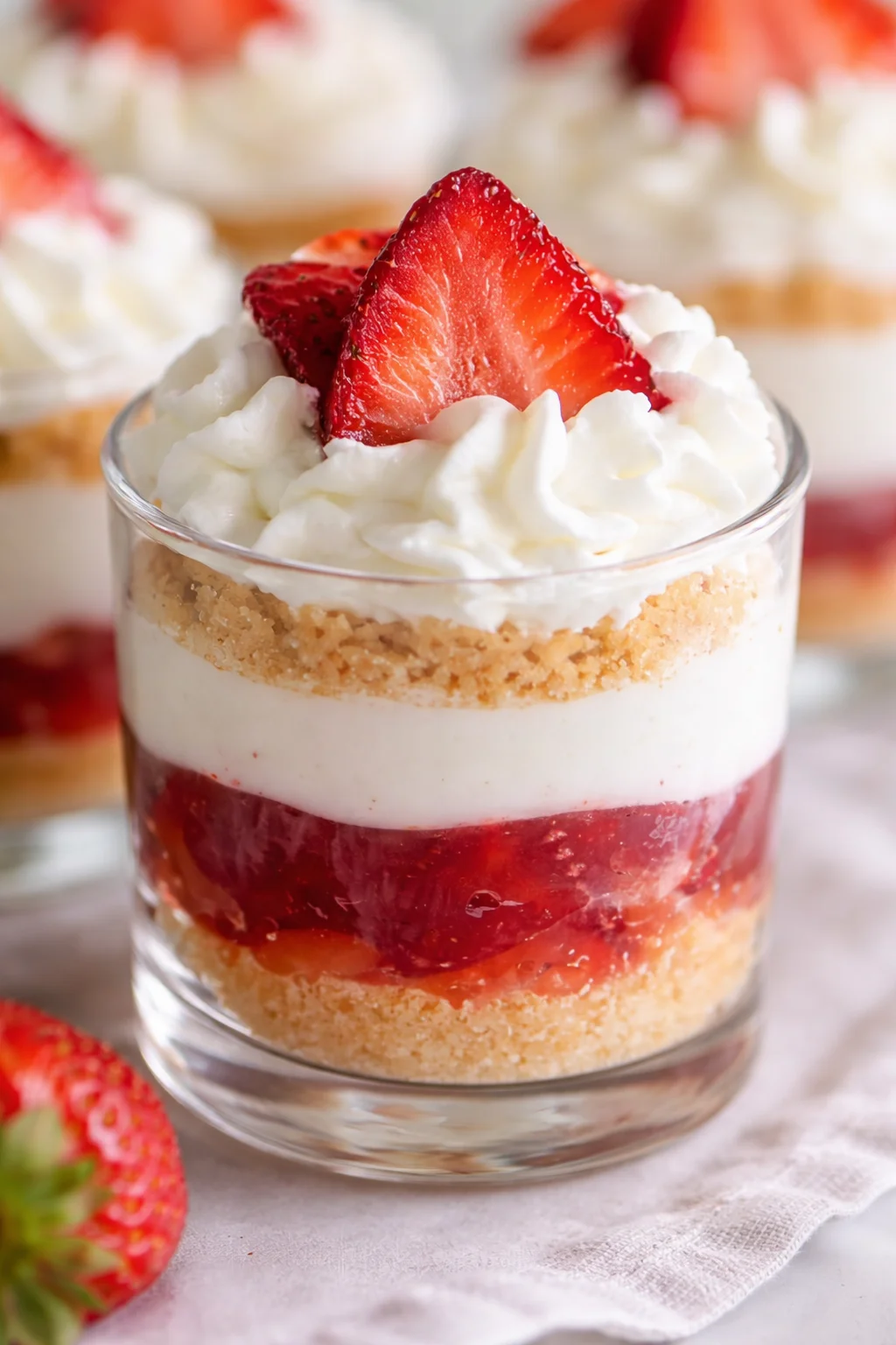 Clear glass dessert cup with strawberry layers, whipped cream, crumb crust, and a fresh strawberry topping.