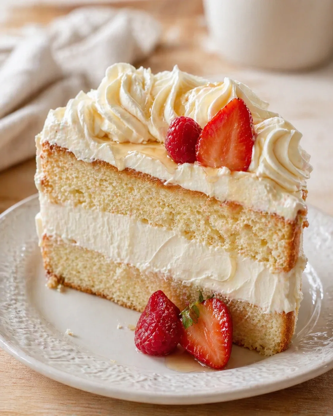 Slice of vanilla layer cake with whipped cream and fresh berries on a glass plate