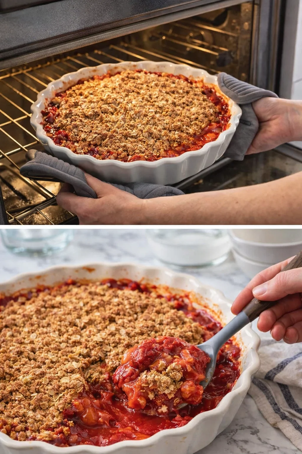 white ceramic baking dish filled with red fruit crumble and golden streusel topping being removed from oven