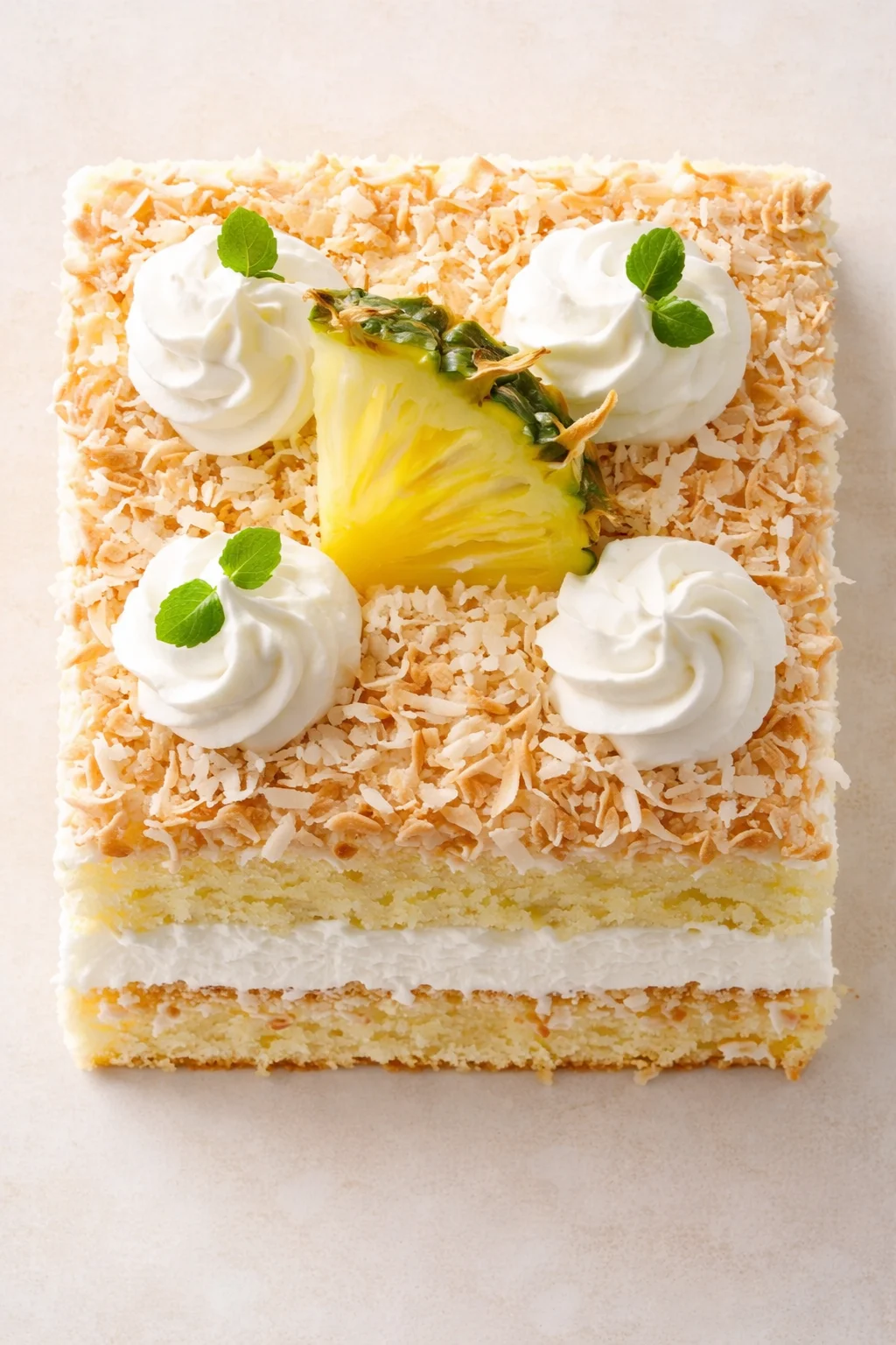 Square coconut-topped cake adorned with pineapple wedge, whipped-cream dollops, and mint leaves on a light background.