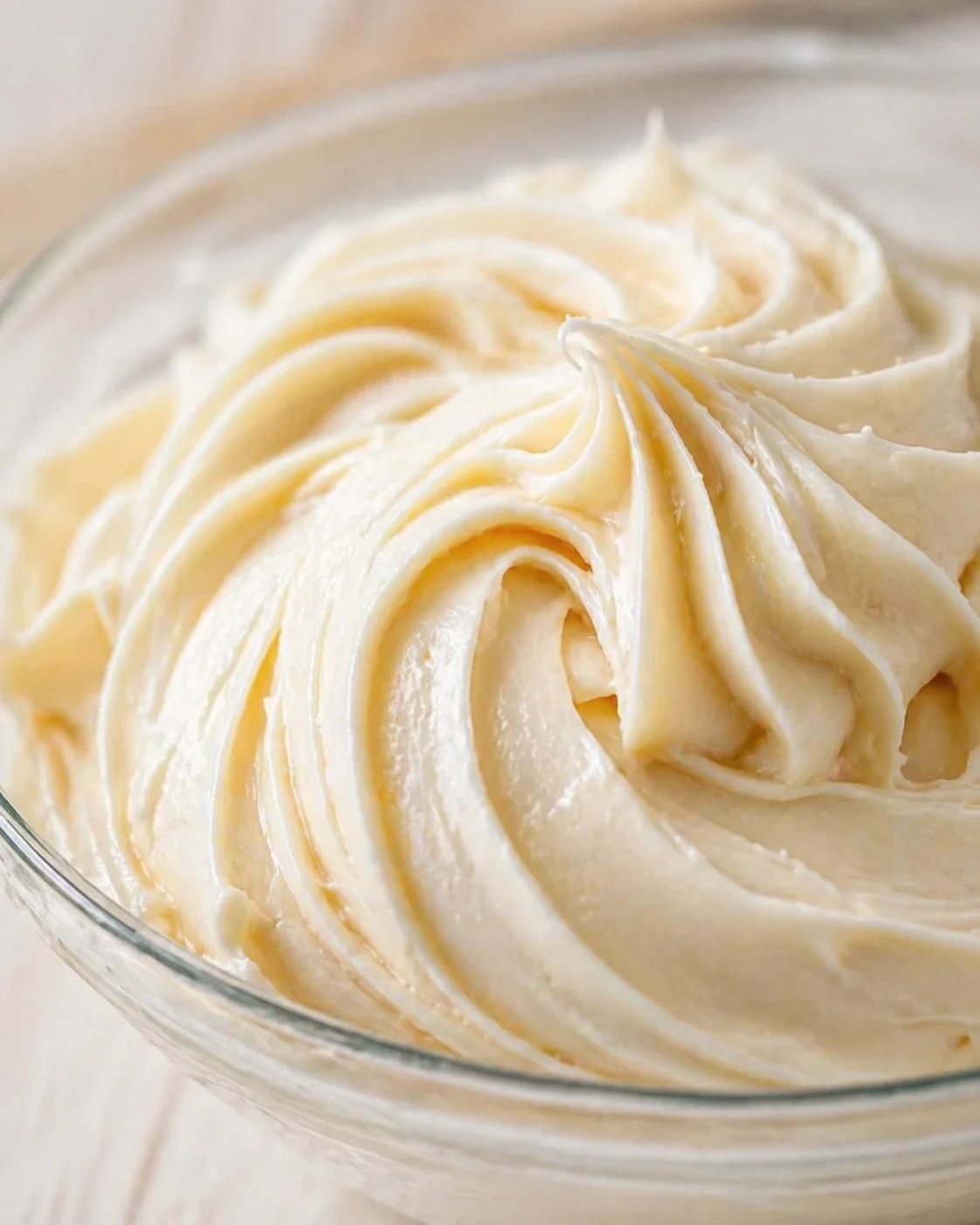 Close-up of smooth vanilla buttercream frosting swirled in a glass bowl.