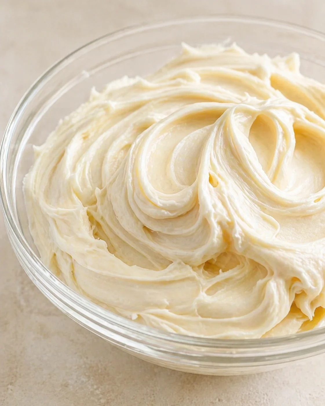 Close-up view of glossy vanilla buttercream swirls in a clear glass bowl on a light countertop.