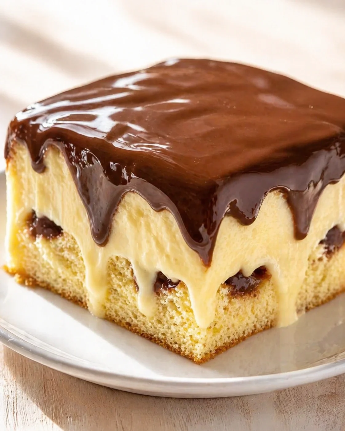 Vanilla sponge cake with glossy chocolate ganache on a white plate.
