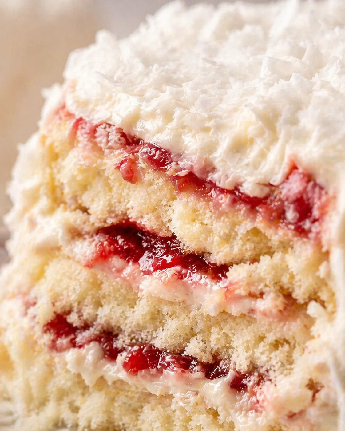 Close-up of a vanilla cake slice with raspberry filling and coconut topping.