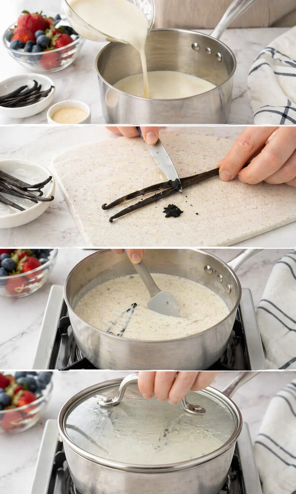 Four-panel collage showing vanilla bean prep, cream pour, whisking, and pot with lid.