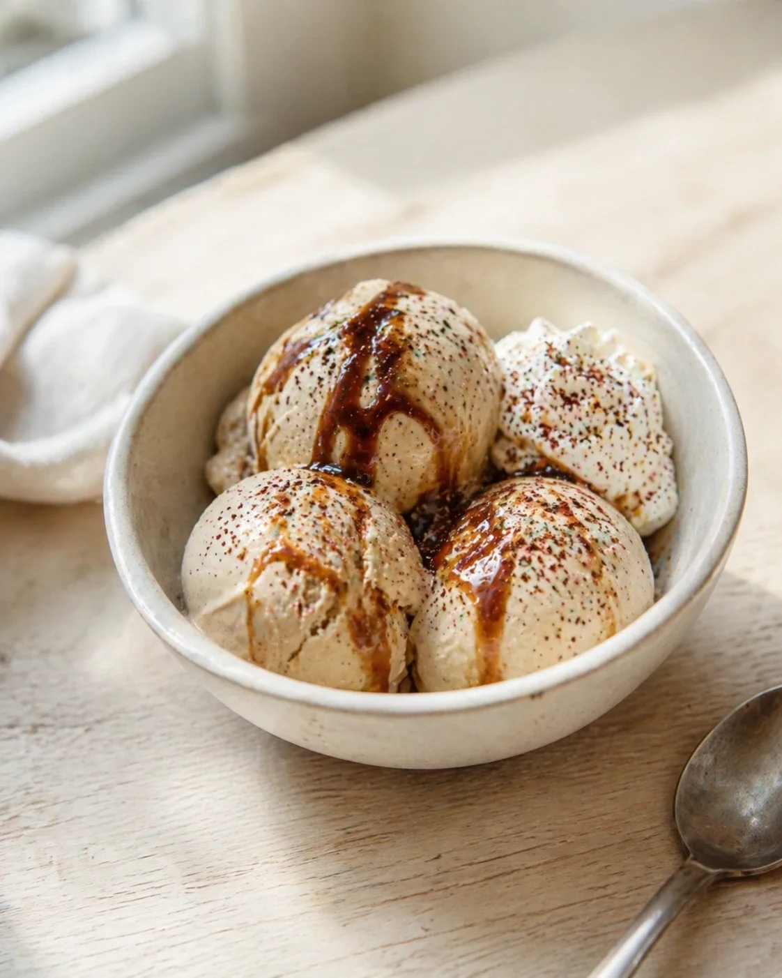 bowl of four vanilla-bean ice-cream scoops with caramel drizzle on a wooden table