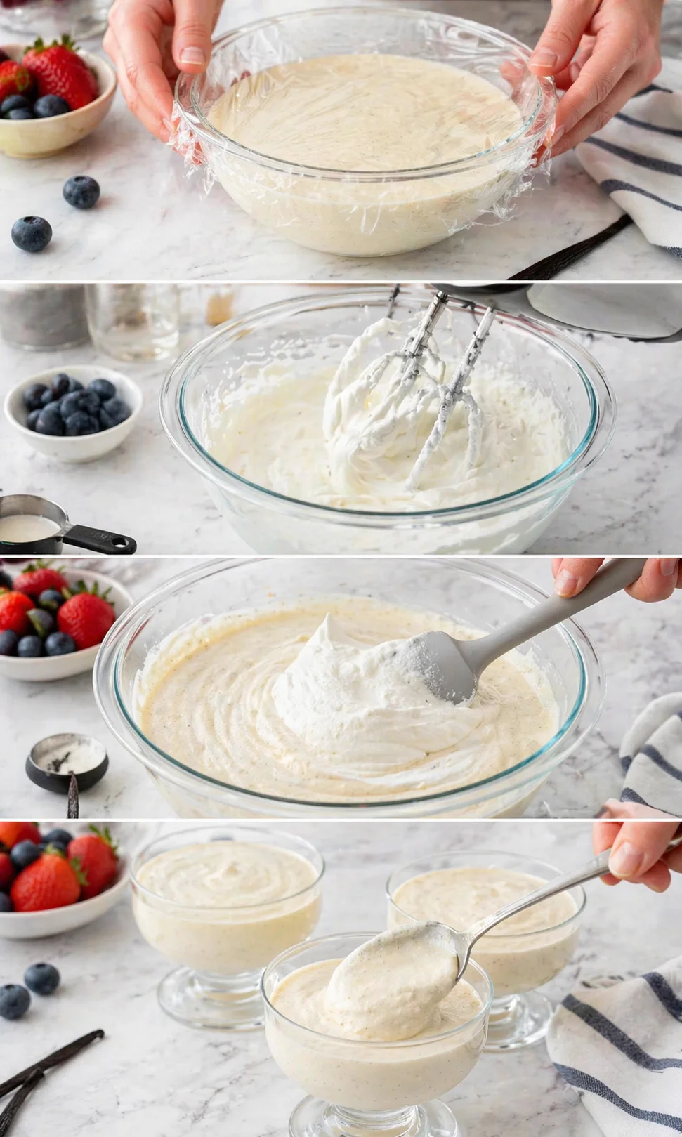 Collage of a dessert-prep sequence: batter in a bowl, whipped cream, folding, and mousse in glasses with berries.