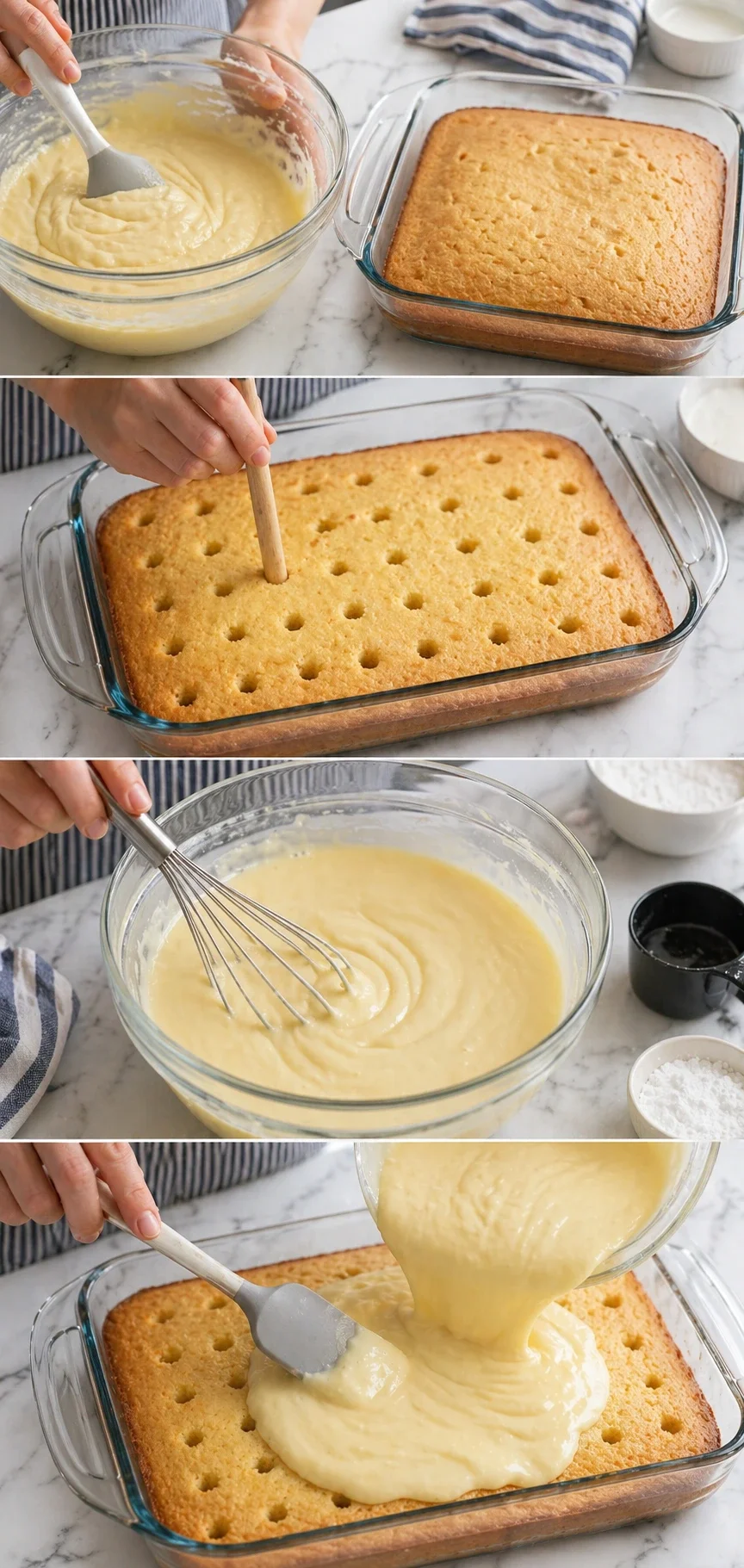 collage of step-by-step cake making: mixing batter, baked vanilla sponge with holes, whisking more batter, pouring over the top