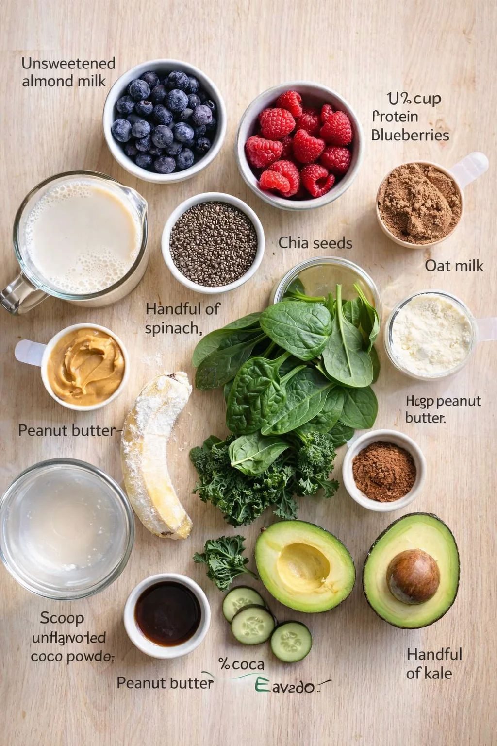 Top-down view of smoothie ingredients arranged on a wooden surface, including berries, greens, avocado, and milks.