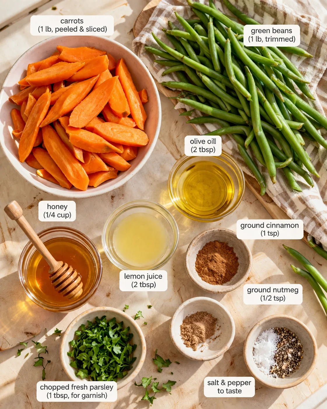 Overhead view of sliced carrots, green beans, and bowls of oil, honey, lemon juice, and spices on a marble surface.