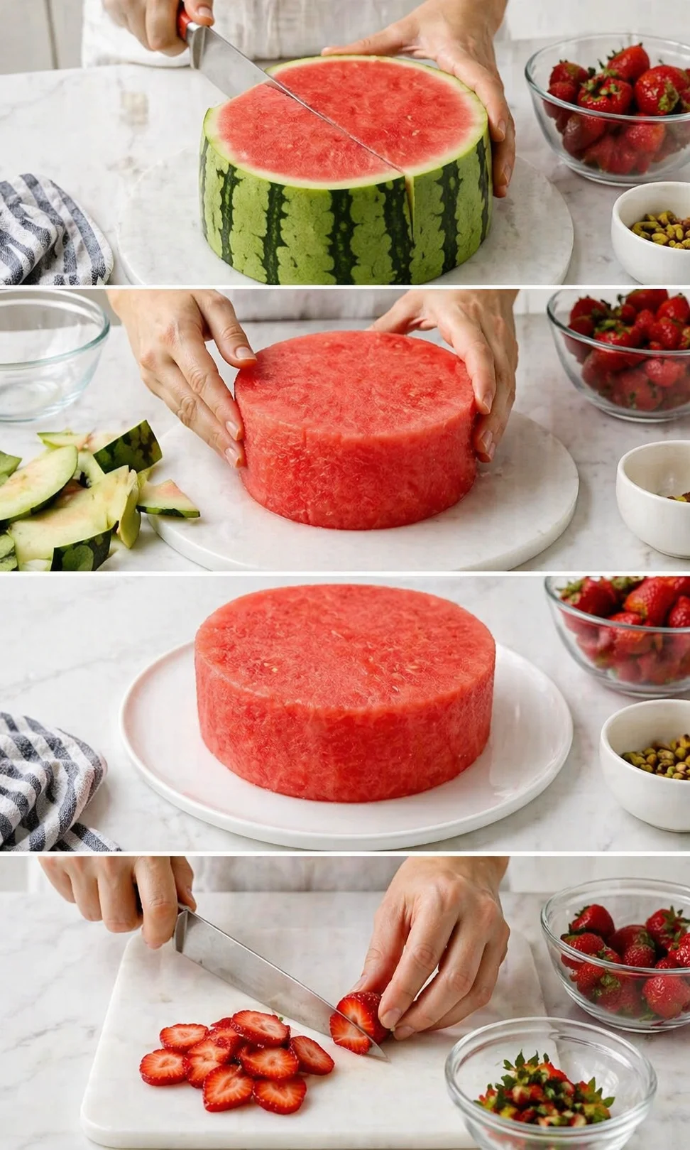 Hands slice watermelon into rounds on a marble board, berries and pistachios nearby.