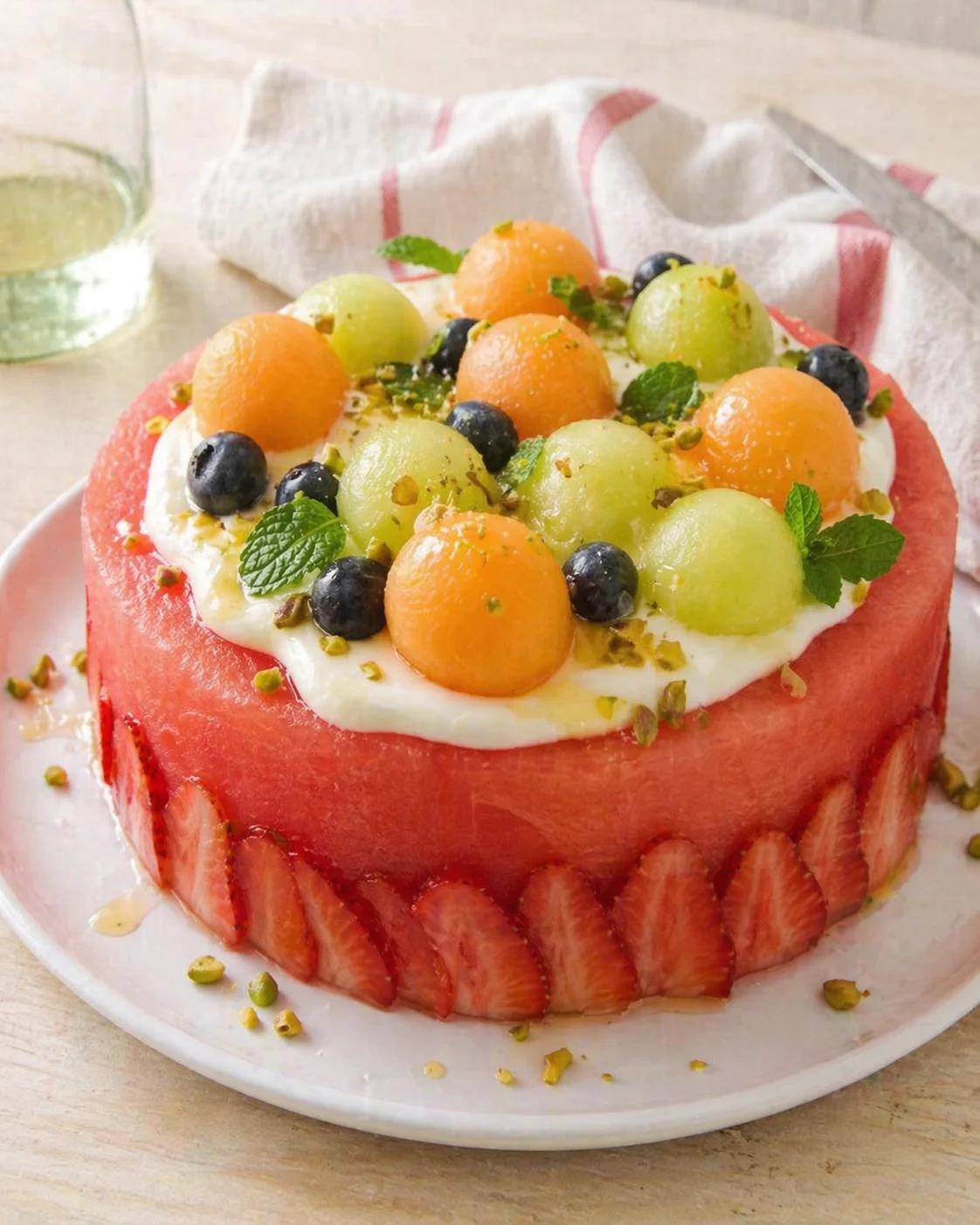 Round watermelon cake on a white plate, topped with melon balls, blueberries, mint, pistachios, and strawberry slices around the base.