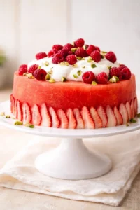round watermelon cake on a white pedestal, topped with whipped cream, raspberries, and pistachio pieces