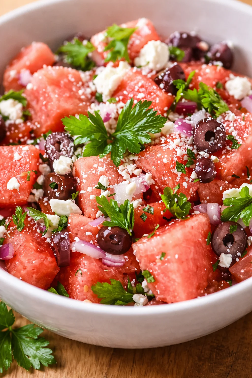 Bright watermelon salad with feta, olives, red onion, and parsley in a white bowl.