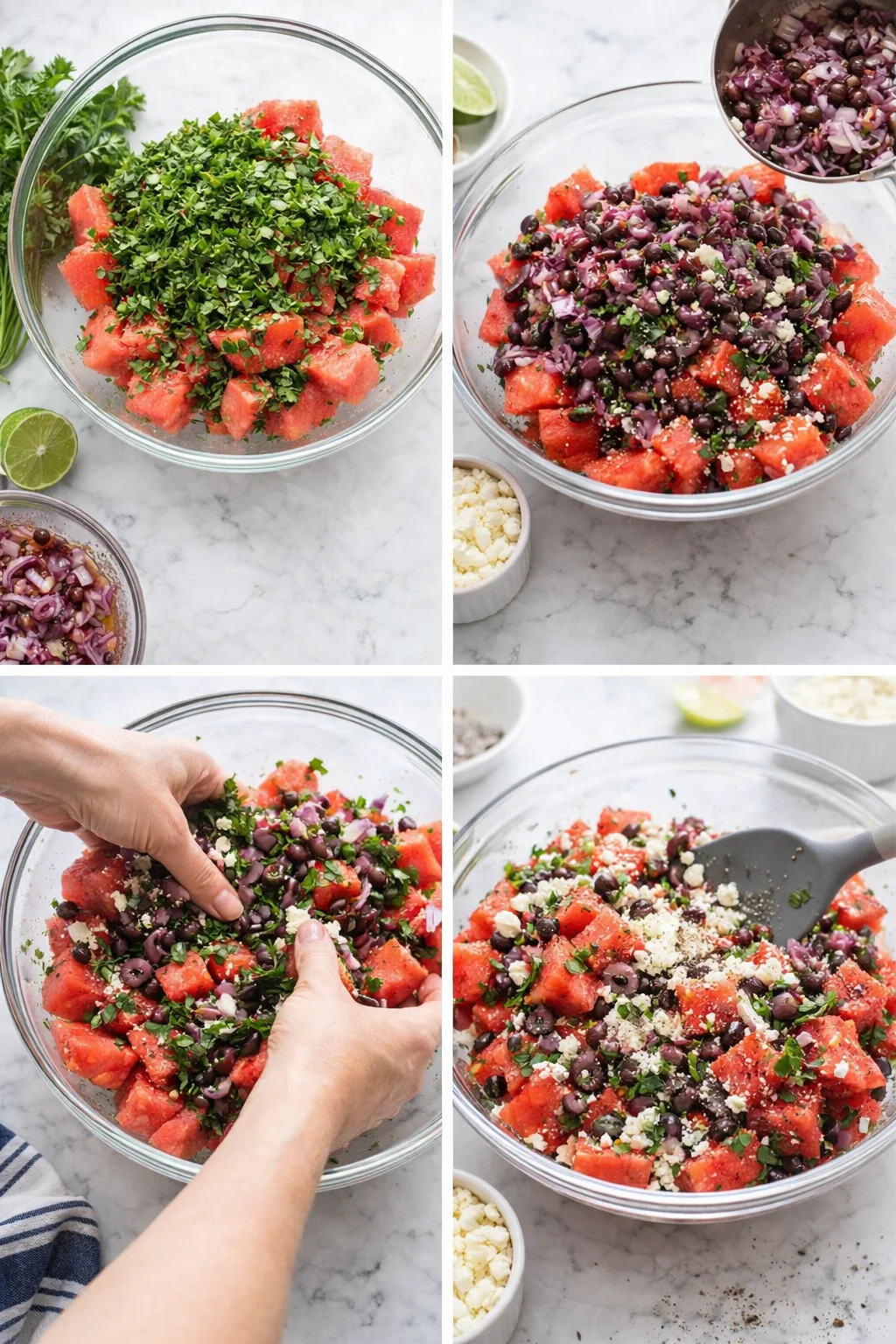 Four-panel collage showing watermelon salad being assembled with parsley, red onions, olives, and feta on a marble countertop