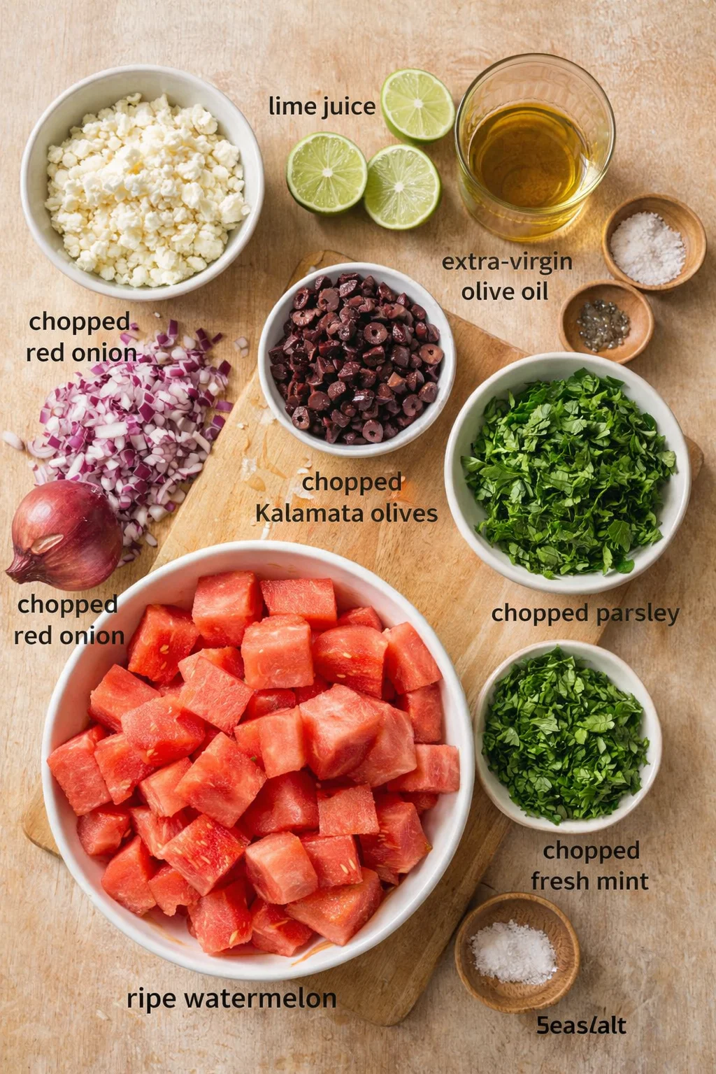 assorted ingredients for a watermelon olive salad laid out on a wooden board.