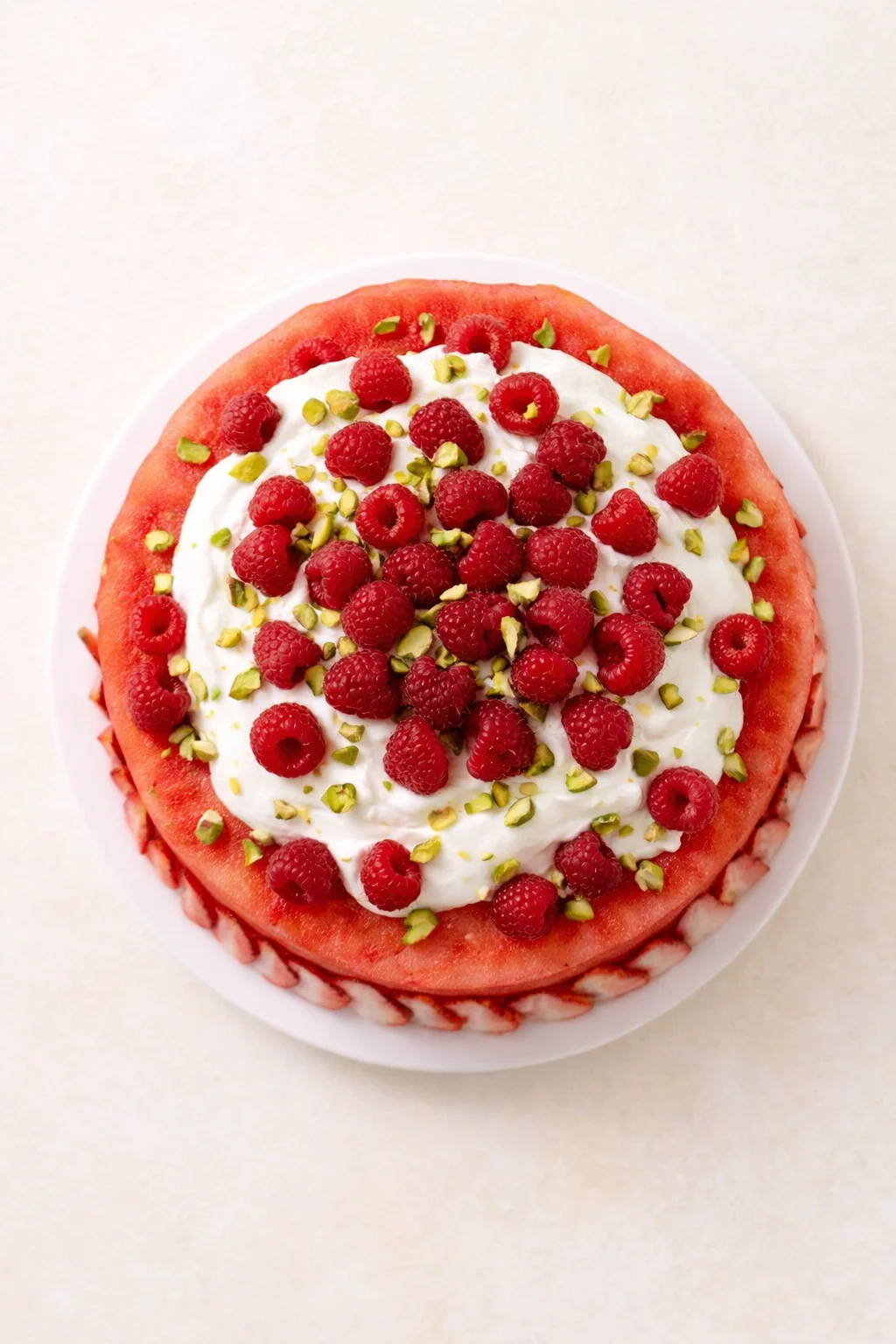 Round watermelon cake topped with whipped cream, fresh raspberries, and chopped pistachios on a white plate.