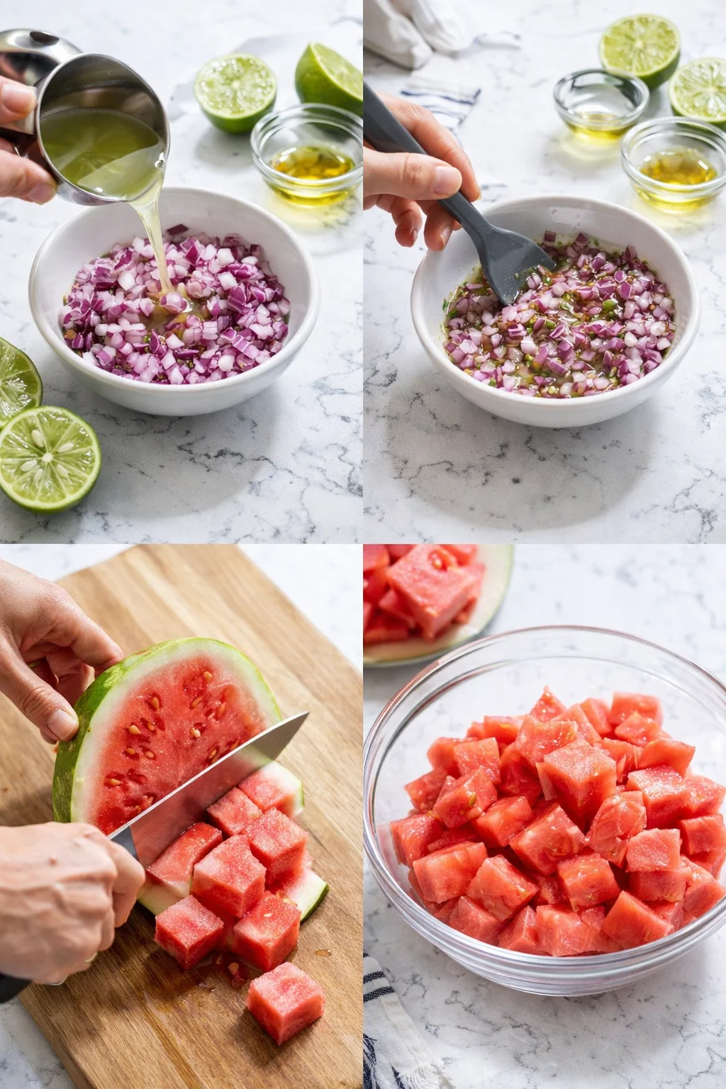 collage showing lime juice on diced red onions and watermelon being chopped