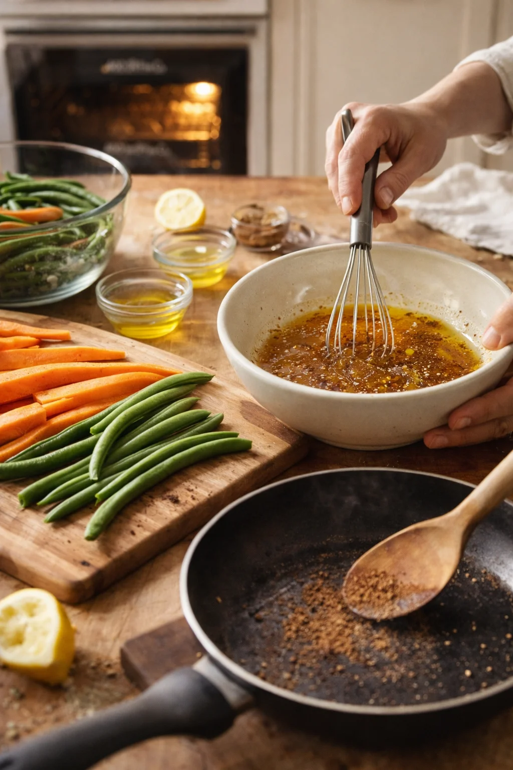 a hand whisking brown sauce in a bowl on a wooden counter, with carrots, green beans, and lemon nearby