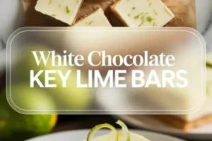 White chocolate key lime bar on a plate with a curled lime garnish, with more finished bars shown above in the same collage image.
