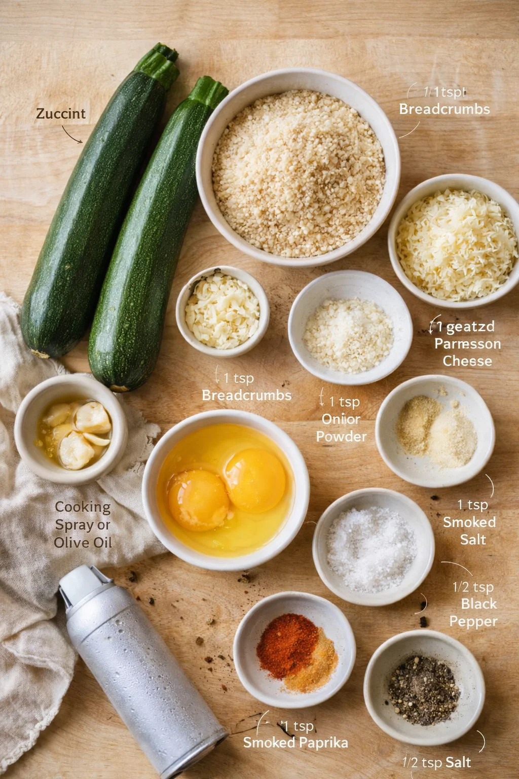Top-down view of zucchini, eggs, breadcrumbs, cheese, and spices on a wooden board.