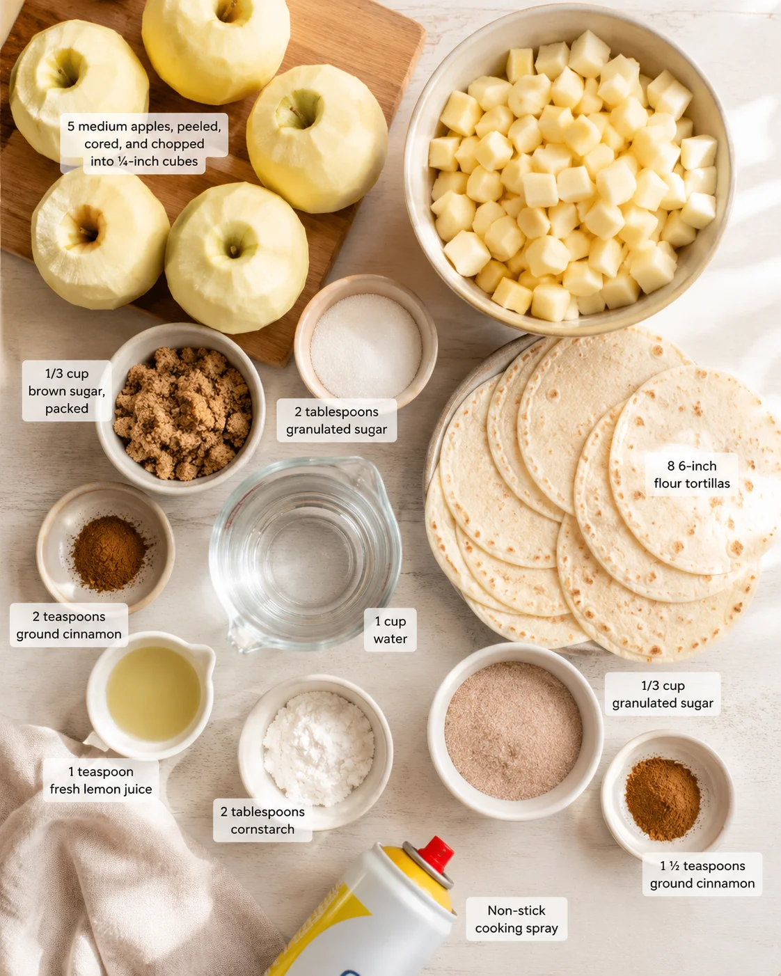 top-down view of apples, tortillas, and labeled ingredients for an apple-cinnamon recipe