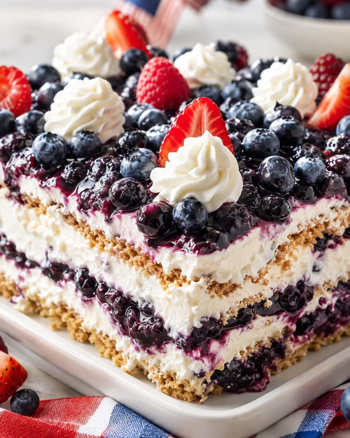 Rectangular no-bake berry cheesecake topped with whipped cream and fresh berries.