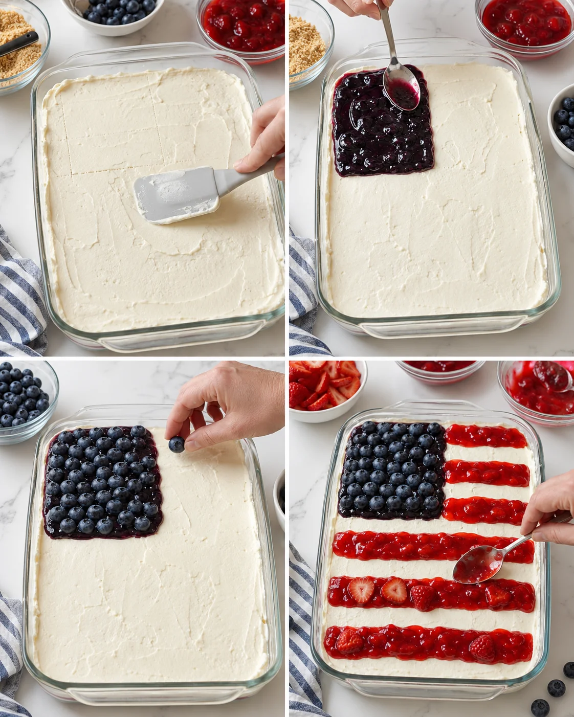 Four-panel collage showing vanilla cream dessert being layered with blueberries and berry stripes.