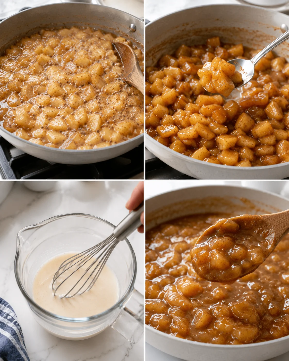 Collage showing caramelized diced apples in a skillet, a whisk with pale sauce, and a spoonful of thick caramel.